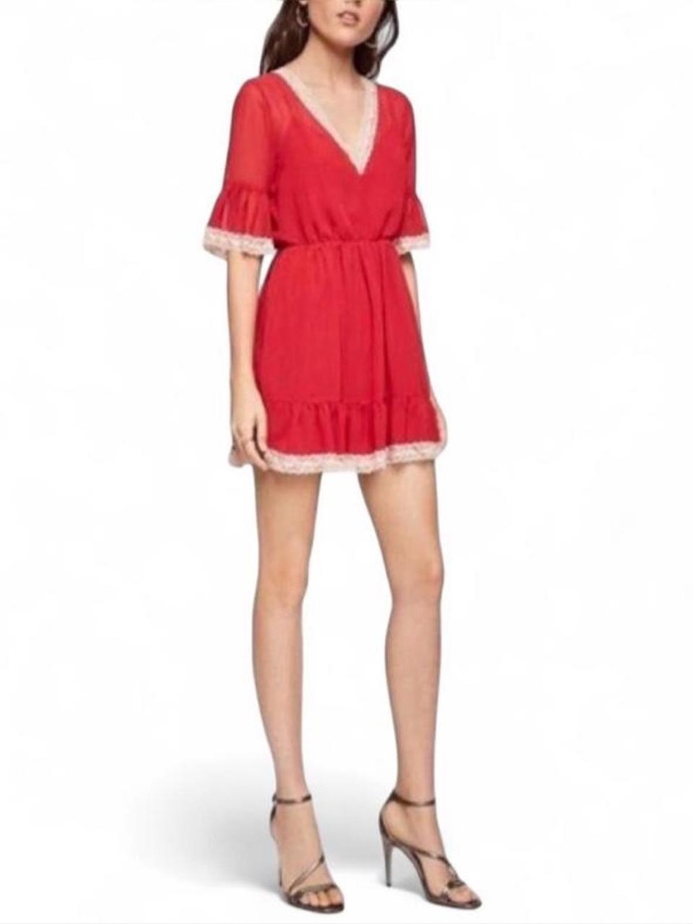 NWT BCBGeneration Red
Blouson Deep V-Neck Lace Trim Tie Back Mini Dress Large